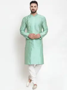 Jompers Men Turquoise Blue & White Self Design Kurta with Churidar
