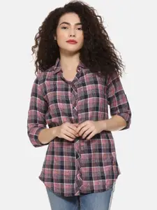 Campus Sutra Women Peach-Coloured and Black Regular Fit Checked Casual Shirt