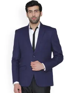 Wintage Men Blue Solid Single-Breasted Tailored-Fit Linen Blazer