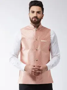 SOJANYA Peach & Gold-Coloured Woven Design Nehru Jacket