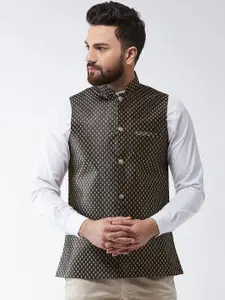 SOJANYA Men Black & Gold-Coloured Woven Design Nehru Jacket