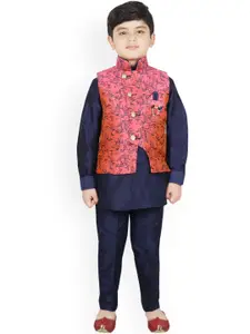 SG YUVRAJ Boys Peach-Coloured & Navy Blue Printed Raw Silk Kurta with Trousers