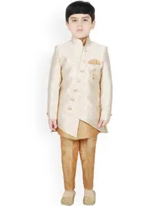 SG YUVRAJ Boys Cream-Coloured & Beige Self Design Raw Silk Kurta with Trousers