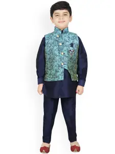 SG YUVRAJ Boys Navy Blue Self-Design Raw Silk Kurta with Trousers