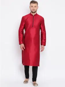 Sanwara Men Red & Black Self Design Dupion Silk Handloom Kurta with Churidar