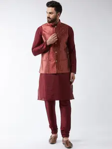SOJANYA Men Maroon Self Design Kurta with Churidar  &  Nehru Jacket