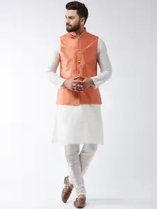 SOJANYA Men Off-White Self Design Kurta Set & Nehru Jacket