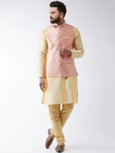 SOJANYA Men Gold-Toned & Pink Kurta Set & Nehru Jacket
