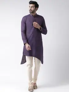 KISAH Men Blue & Cream-Coloured Solid Jaquard Woven Kurta with Churidar