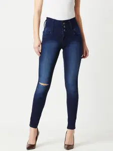 Miss Chase Women Navy Blue Skinny Fit High-Rise Slash Knee Stretchable Jeans