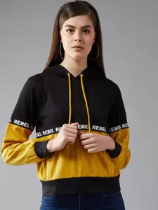 DOLCE CRUDO Women Yellow & Black Colourblocked Hooded Sweatshirt