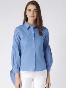 KASSUALLY Women Blue Comfort Regular Fit Solid Formal Shirt