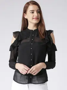 KASSUALLY Women Black Sheer Ruffled Shirt-Style Top