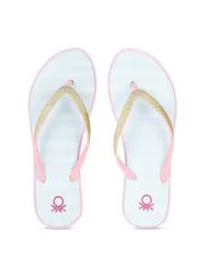 United Colors of Benetton Women Pink & Blue Striped Shimmery Thong Flip-Flops