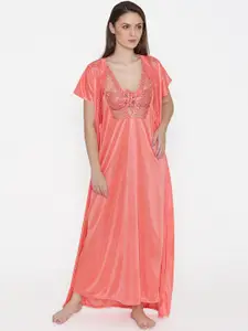 N-Gal Orange Embroidered Lace Bridal Nightdress With Robe
