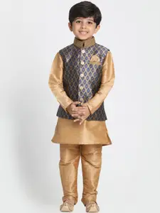 VASTRAMAY Boys Beige Blue Solid Kurta Set