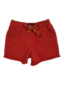 KiddoPanti Girls Red Solid Regular Fit Denim Shorts