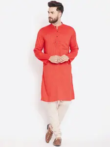 even Men Red Striped Straight Kurta