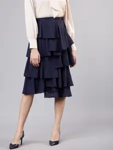 Tokyo Talkies Women Navy Blue Solid A-Line Layered Skirt