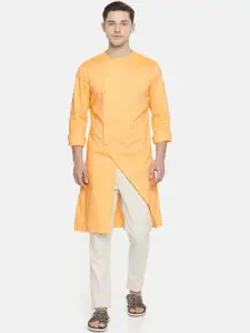 Freehand by The Indian Garage Co Men Yellow Solid Asymmetric Straight Kurta