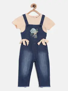 MINI KLUB Girls Blue & Peach-Coloured Solid T-shirt with Dungaree