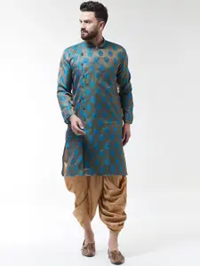 SOJANYA Men Teal Blue & Gold-Coloured Self Design Kurta with Dhoti Pants