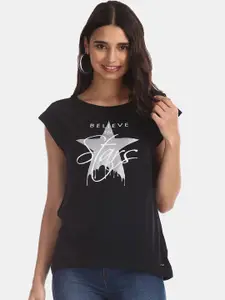 Flying Machine Women Black Printed Round Neck T-shirt