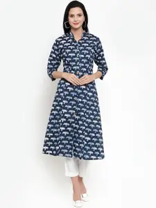 Get Glamr Women Navy Blue & White Printed A-Line Kurta