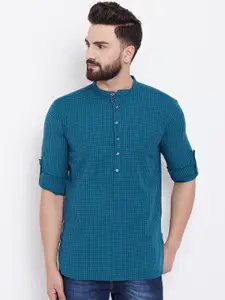 even Men Blue Checked Straight Kurta