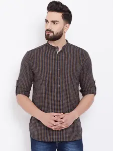 even Men Blue & Mustard Yellow Checked Straight Kurta