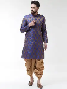 SOJANYA Men Blue & Gold-Coloured Self Design Kurta with Dhoti Pants