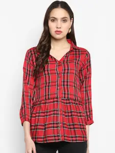 One Femme Women Red Checked Pure Cotton Shirt Style Pure Cotton Top