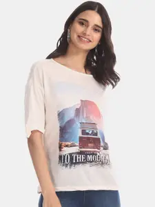 Flying Machine Women White Printed Round Neck T-shirt