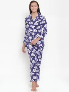 Claura Women Blue & White Printed Night suit Cot-133
