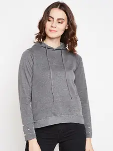 Taanz Women Grey Solid Hooded Sweatshirt