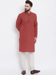 even Men Red Woven Design Straight Kurta