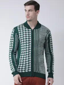 Club York Men Teal Green & White Self Design Cardigan Sweater