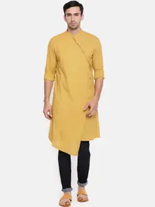 The Indian Garage Co Men Mustard Yellow Solid Asymmetric Kurta