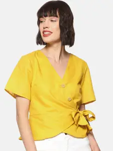 Campus Sutra Women Yellow Solid Wrap Top