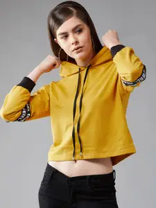 DOLCE CRUDO Women Mustard Yellow Solid Hooded Sweatshirt