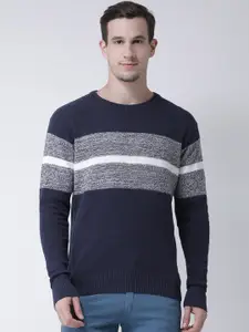 Club York Men Navy Blue & Grey Striped Pullover Sweater