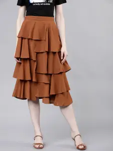 Tokyo Talkies Women Brown Solid Tiered Midi Skirt