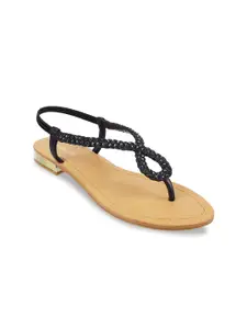 Mochi Women Black Embellished Open Toe Flats