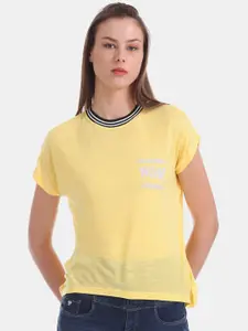 Flying Machine Women Yellow Printed Round Neck T-shirt