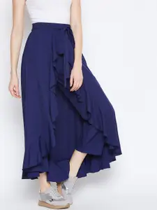 Berrylush Women Navy Blue Solid Flared Maxi Skirt