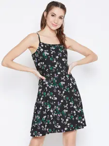 Berrylush Women Black Floral Printed Fit and Flare Dress