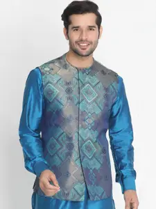 VASTRAMAY Men Turquoise Blue & Beige Printed Nehru Jackets