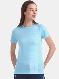 Flying Machine Women Blue Printed Round Neck T-shirt
