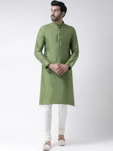 KISAH Men Green & White Solid Kurta with Churidar