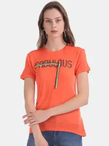Flying Machine Women Orange Printed Round Neck T-shirt